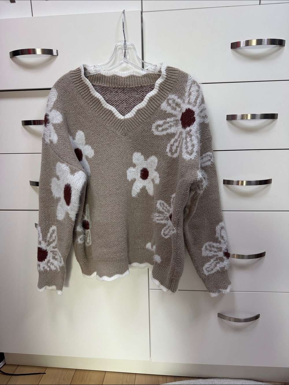 Floral V-Neck Knit Sweater - Taupe with White & Brown Flowers